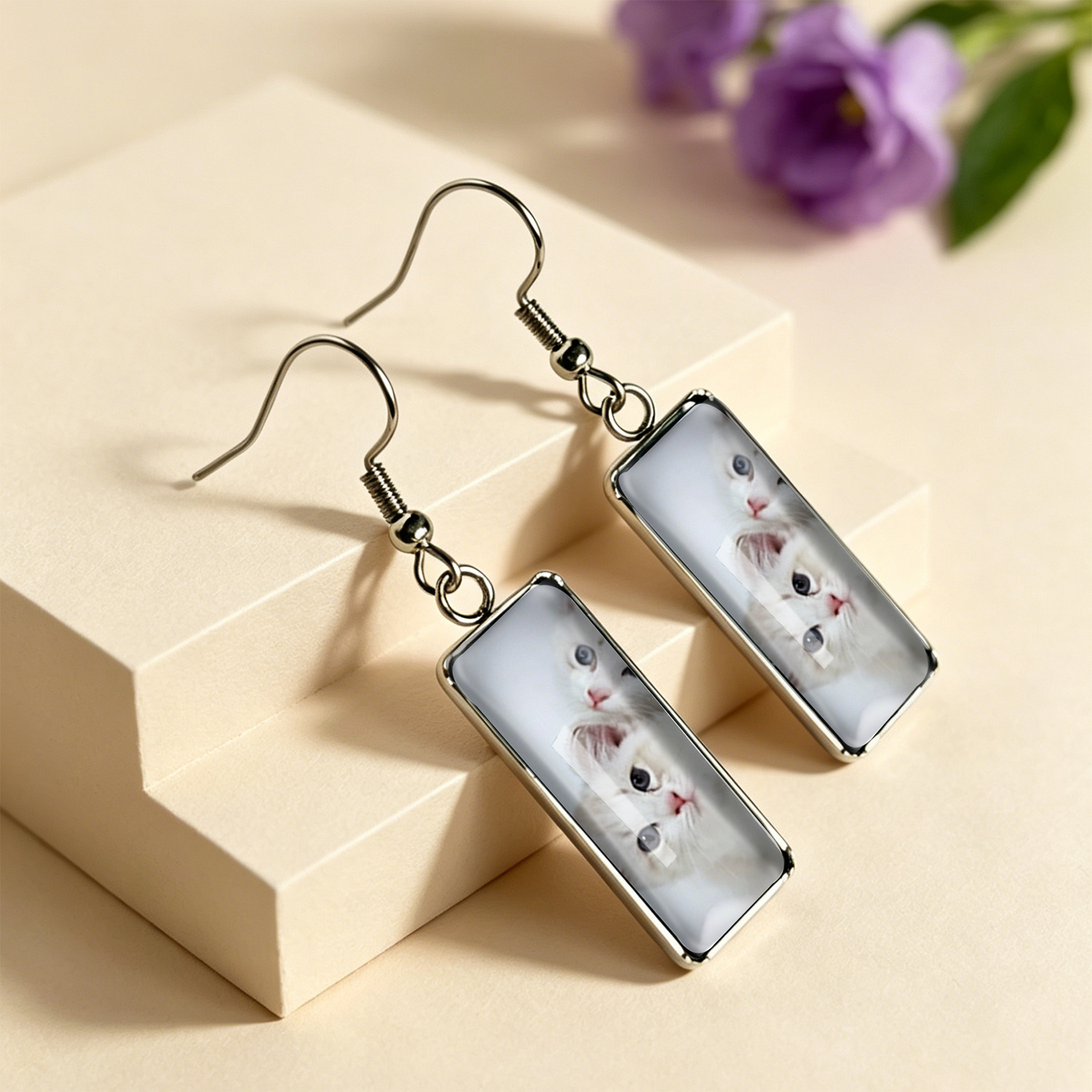 Cute White Kitten Rectangular Ear Hooks, Girly Jewelry